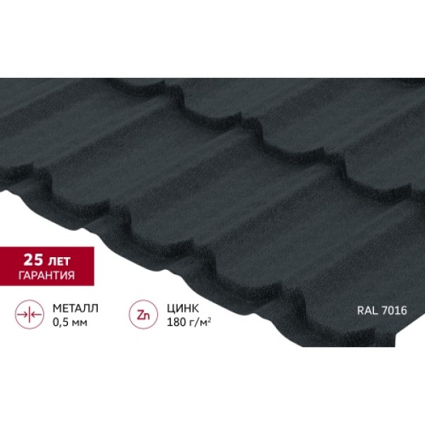 ГРАНД ЛАЙН Металлочерепица Квинта плюс (Kvinta plus) 0,5 Satin Matt RAL 7016 антрацитово-серый 368598 ГРАНД ЛАЙН Металлочерепица Квинта плюс (Kvinta plus) 0,5 Satin Matt RAL 7016 антрацитово-серый 368598